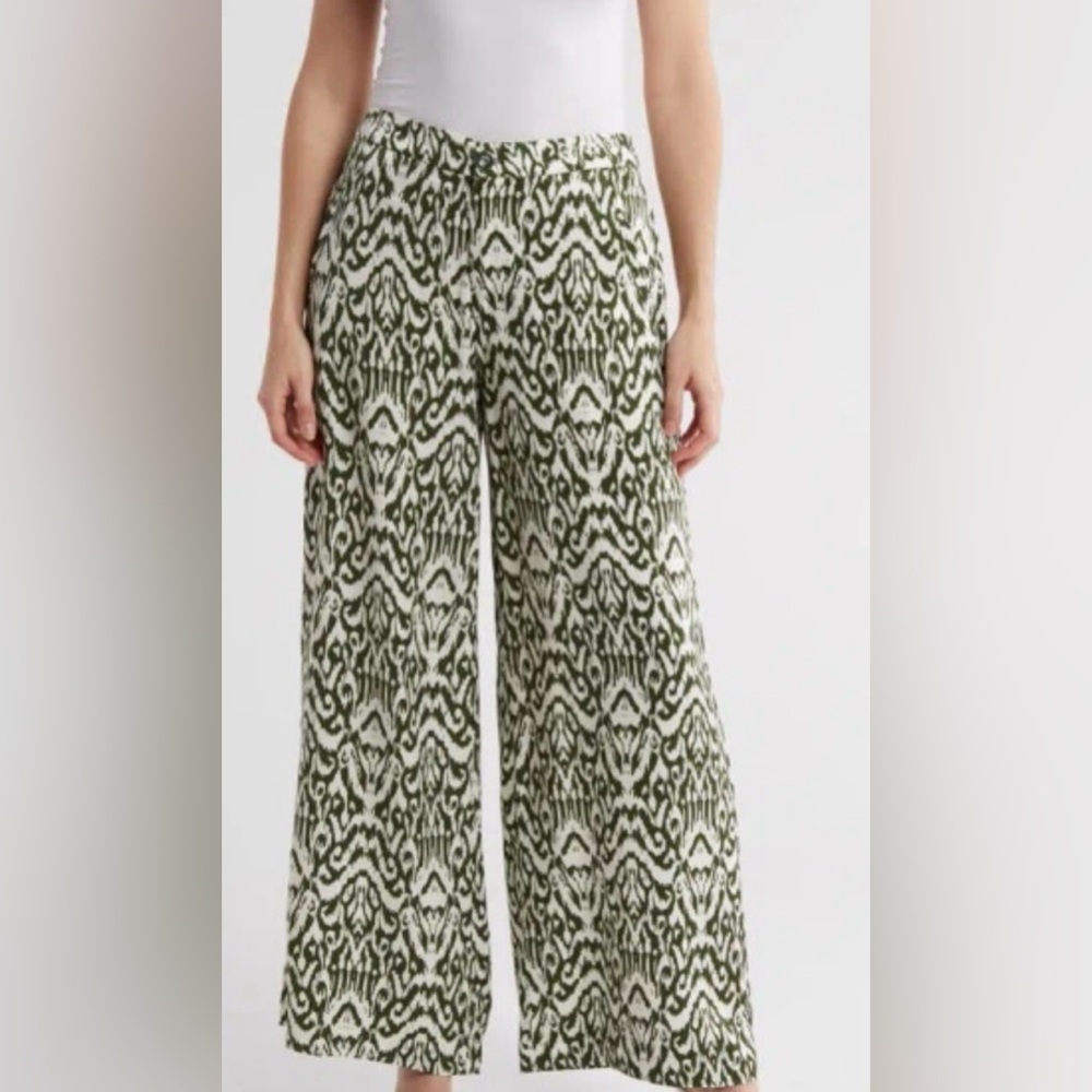 Philosophy NWOT Wide Leg Ikat Green and White Print‎ Button Fly Waist SizeMedium
